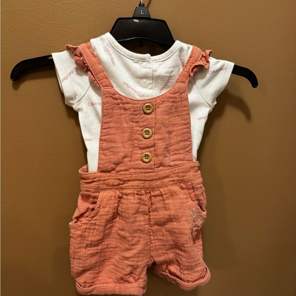 Calvin Klein Peach Knit Short Overalls with Button Front